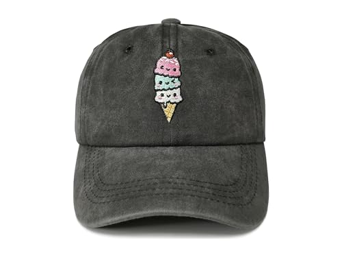 Embroidered Baseball Hats for Girls Boys - color: Triple Scoop Ice Cream Cone (Washed Black)