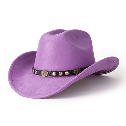 Western Cowboy Hat for Men Wide Brim Suede Cattleman Cowgril Hats - color: Black Belt /Purple