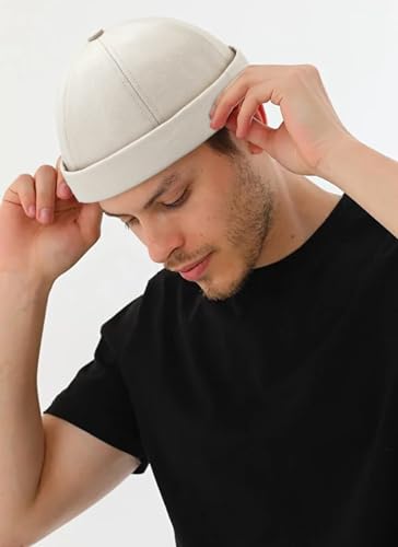 2 Pcs Mens Brimless Docker Cap Set - Retro Worker Sailor Skull Cap Beanie with Rolled Cuff - color: Beige