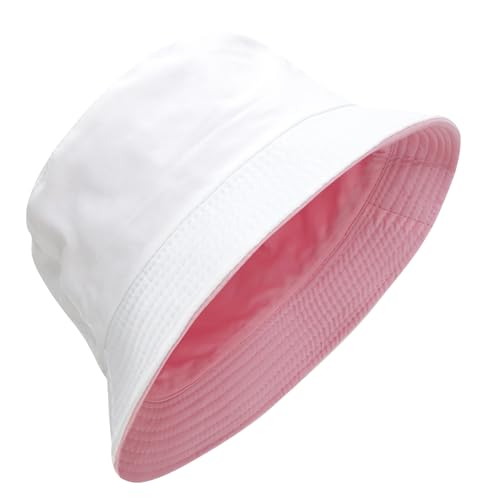 PFFY Reversible Bucket Hat for Women Men Cotton Sun Beach Fishing Cap - color: Pink/ White(reversible)
