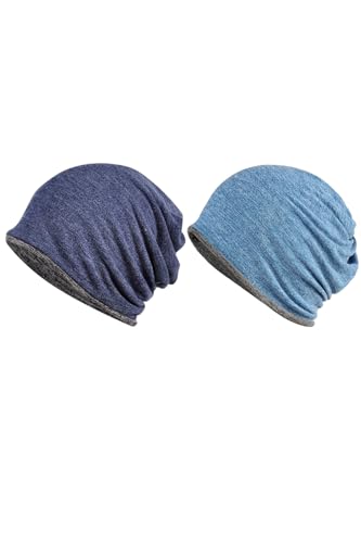 Jeelow Cotton Slouchy Open Top Beanie Hat 2 Pack - color: Sky Blue+navy