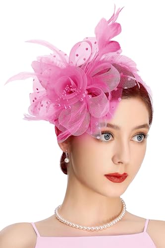 BABEYOND Fascinators Hats for Women Tea Party Flower Tulle Bead Derby Hat - color: Hot Pink