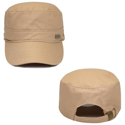 Initlove Cadet Army Cap Military Unisex Flat Top Hat for Men Women - color: Beige