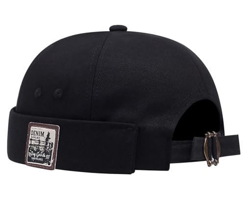 Mens Docker Cap – Brimless Beanie Skull Cap Retro Rolled Cuff Adjustable Cotton - color: Label Denim