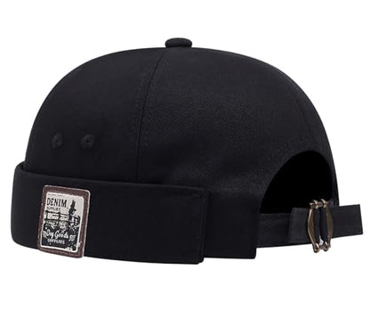 Mens Docker Cap – Brimless Beanie Skull Cap Retro Rolled Cuff Adjustable Cotton - color: Label Denim