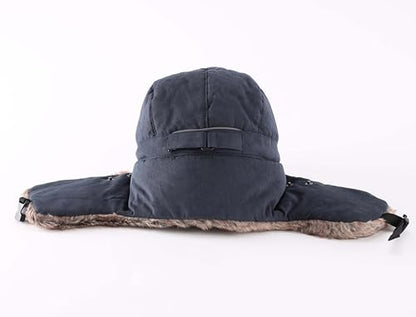 Home Prefer Mens Warm Faux Fur Trooper Trapper Hat Outdoor Reflective Winter Hunting Hat with Ear Flaps Face Mask - color: Navy Blue