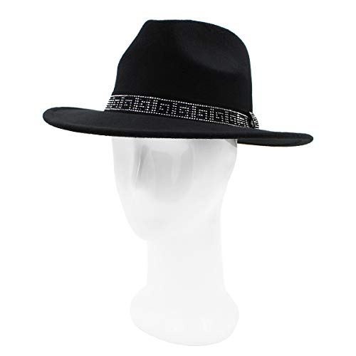 Premium 3" Wide Brim Solid Color Felt Gold Chain Fedora Panama Hat - color: Black W/ Greek Key Rhinestone Band