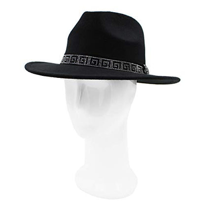 Premium 3" Wide Brim Solid Color Felt Gold Chain Fedora Panama Hat - color: Black W/ Greek Key Rhinestone Band