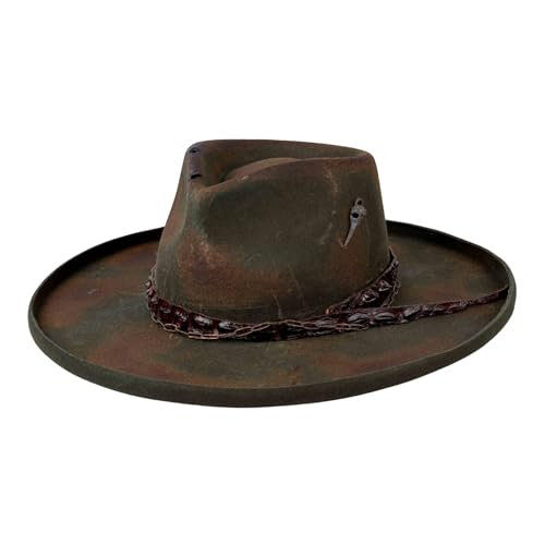 Vintage Pencil Brim Fedora Hats 100% Wool Felt Hat Panama Rancher Hat with Lightning Logo Handmade Distressed/Burned - color: Crocodile Leather Trim, size: 7 1/8