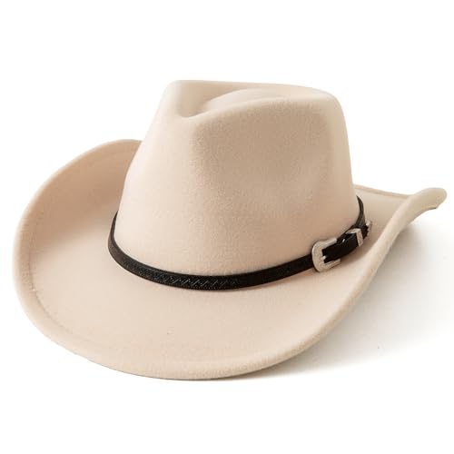 JOYEBUY Kids Western Cowboy Hat for Boys Girls Classic Fedora Hat Felt Cowboys Hats with Leather Buckle - color: Beige