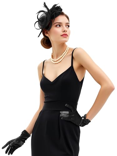 2Pcs 50s Fascinators Hats for Women Wedding Cocktail Flower Mesh Ribbons Feathers Church Tea Party Hats and Lace Glove - color: Black