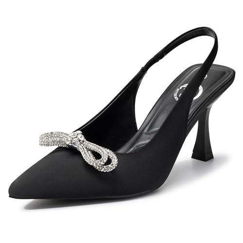 Trary Slingback Heels for Women - Pointed Toe Pumps, Comfortable & Stylish for Parties & Work - 3.2inch High Heels, Rhinestone & Glitter Dressy Shoes - color: Silk Black, size: 7.5