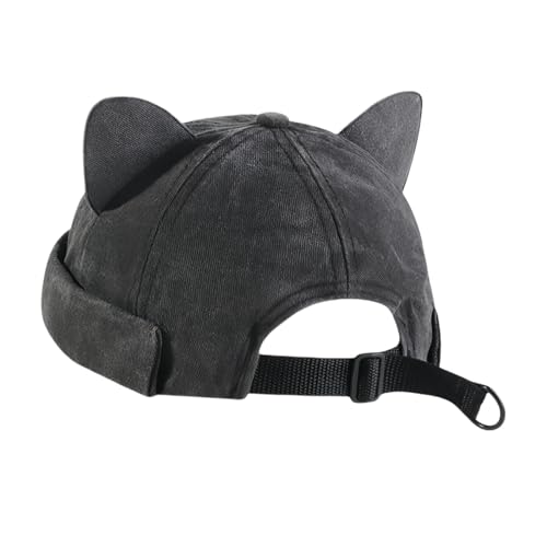 Cute Cat Ear Beanie Hats for Women Men Washed Cotton Brimless Docker Cap Retro Rolled Cuff Skull Cap - color: Black Gray