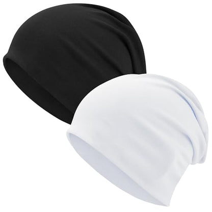 ROYBENS 100% Cotton T-Shirt Beanie for Women Men Slouchy Soft Skull Cap - color: 2pcs-black, White