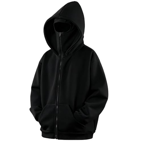 Zip Up Balaclava Hoodie Warm Sweatshirts Fleece Jackets Outwear - color: Black, size: 4X-Large