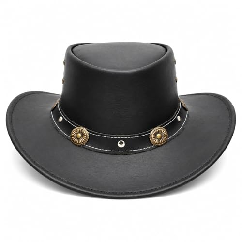 Equine Care Leather Cowboy Hat for Men & Women, Genuine Leather Western - color: Black – Concho Band, size: 7 1/4-7 3/8