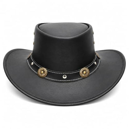 Equine Care Leather Cowboy Hat for Men & Women, Genuine Leather Western - color: Black – Concho Band, size: 7 1/4-7 3/8