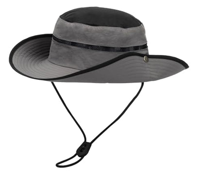Men's Beach-Sun-Hat Wide-Brim Sun-Protection-Fishing Hat Outdoor Boonie Hat - color: Grey and Black