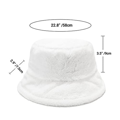 Umeepar Winter Faux Fur Fuzzy Bucket Hat Fluffy Warm Hat for Women Men - color: Plain White