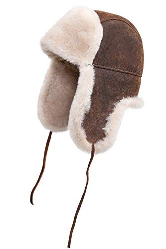 Leather Aviator Shearling Ushanka Trapper Hat Russian Sheepskin Cap Real Fur Winter Hat with Ear Flaps for Men Women - color: Vintage-beige, size: X-Large