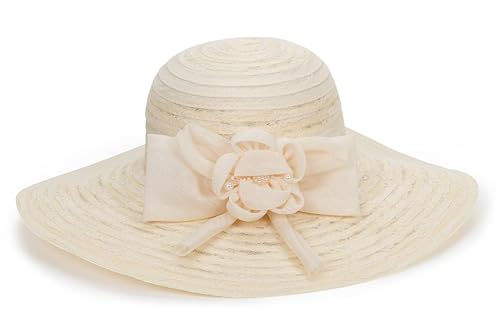 Women Wide Brim Organza Derby Hat Summer Sun Hat Fascinator Bridal Tea Party Wedding Hat - color: Beige-style 2