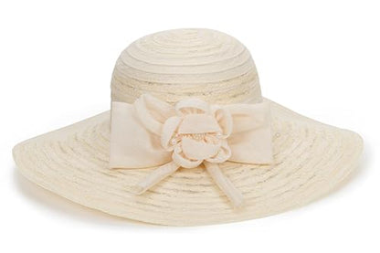 Women Wide Brim Organza Derby Hat Summer Sun Hat Fascinator Bridal Tea Party Wedding Hat - color: Beige-style 2