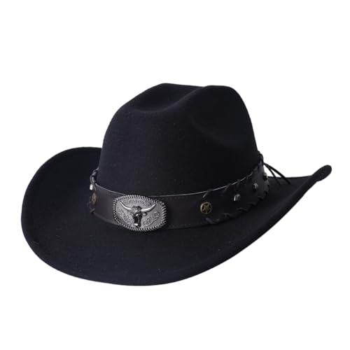Men Women Wide Brim Western Cowboy Cowgirl Hats with Buckle Belt - color: Black-cow Head