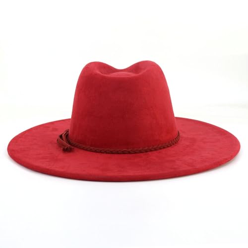 LIDHAY Big Wide Brim Fedora Hats for Women Men Western Suede Hat Large Felt Panama Hat Rancher Hat - color: Wine Red