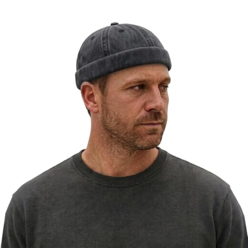 Sailor Brimless Skull Hat, Washed Cotton Docker Hat for Men Vintage - color: Black