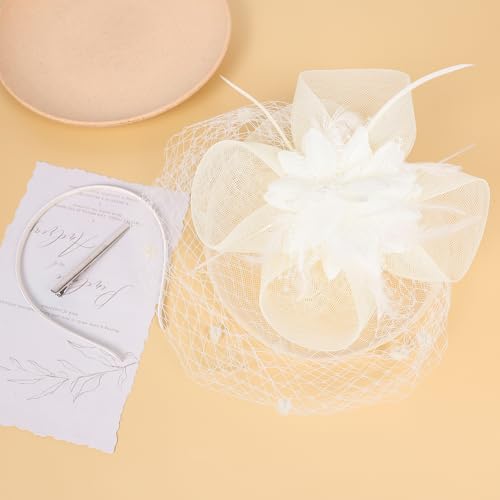 Fascinators Hats for Women Tea Party Hat Floral Feathers Mesh Headwear Lace Headband Veil Hair Clip Cocktail Wedding Church - color: White