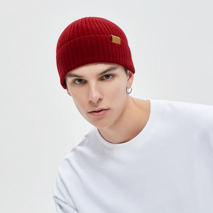 100% Merino Wool Fisherman Beanie Hat, Unisex Warm Winter Hats, Soft Breathable Knitted Short Cuffed Cap - color: Deep Red