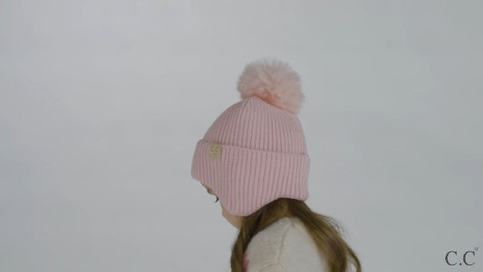 C.C Kids Ear Flap Fur Pom Beanie for Boys Girls - Comfortable Soft Warm Children Youth Knit Skully Hat with Faux Fur Pom - color: Ivory