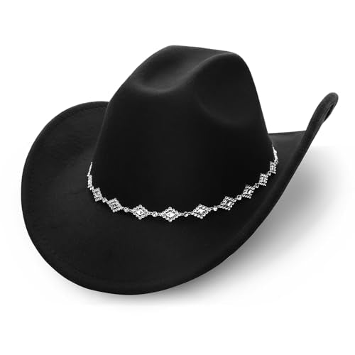 AQOKKA Western Cowboy Hat for Women Men Wide Brim Retro Felt Fedora Cowgirl Hats Classic Unisex Rolled up Caps Outdoor - color: Black