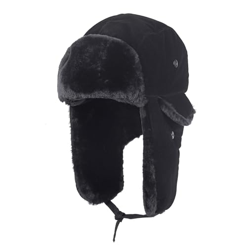 Men Winter Trapper Hat with Warm Ear Flaps Windproof Russian Ushanka Hat Cozy Plush Faux Fur Earflap Hat Thermal Cold Weather Headwear for Outdoor Skiing Hunting Cycling Skating Climbing, 56-59CM