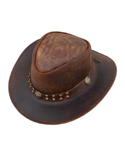 GARGOYLE BELLS Genuine Leather Cowboy Western Hat for Men Woman Studded Steampunk Hat Deadman Top Hat for Halloween Costume - color: Brown, size: 3X-Large
