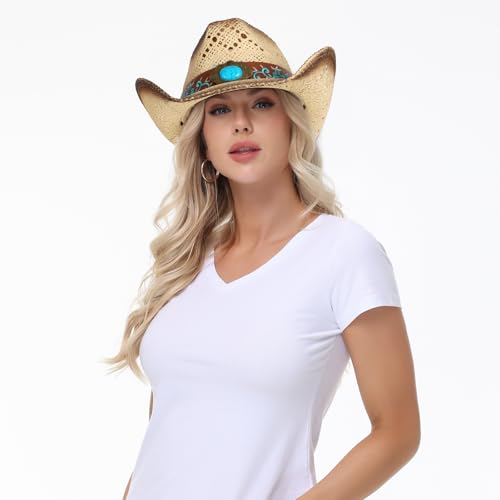 WQWOVRVO Cowboy Hat,Cowgirl Hat,Cowboy Hats for Women/Mens/Straw Wide with Shapeable Brim Western Cowboy Hat for Womens - color: Apricot & Coffee Color