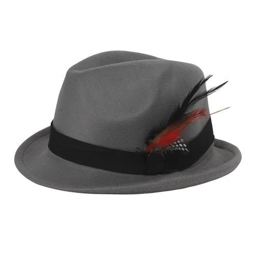 PURFUN Vintage Feather Felt Fedora Hat for Men Women Classic Short Brim Jazz Dance Party Wedding Trilby Bowler Panama Hat - color: Feather/Grey