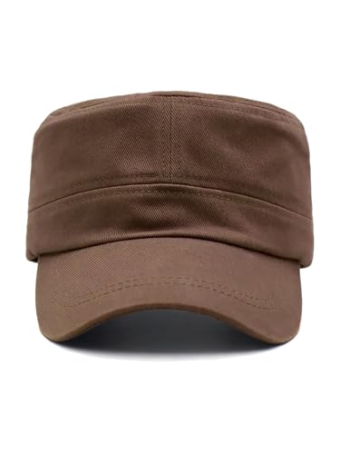 Washed Cotton Basic Cadet Army Cap Everyday Military Style Hat Vintage Flat Top Cap - color: Coffee