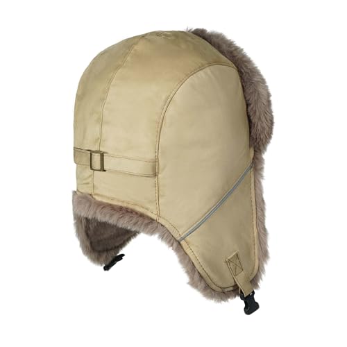 CLAPE Winter Trapper Hat with Ear Flaps, Warm Faux Fur Lined Windproof Snow Cap Aviator Hat with Reflective Strap - color: Pl2509-khaki