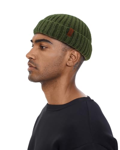 Chunky Wool Fisherman Short Beanie Hats Skull Cap for Men, Mens Thick Skater Streetwear Fishermans Beanie Daily Hat - color: Olive
