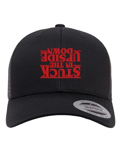 Go All Out Stuck in The Upside Down Dad Deluxe Trucker Flatbill Baseball Structured Embroidered Hat - color: Black