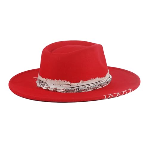 Big Brim Fedora Mens Women Boho Hat Handmade Dress Up Hats - color: Red