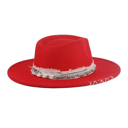 Big Brim Fedora Mens Women Boho Hat Handmade Dress Up Hats - color: Red