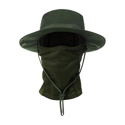 Boonie Hat with Balaclava Face Mask - UV Protection Wide Brim Sun Hat, Adjustable & Foldable for Hunting Fishing Outdoor - color: Army Green