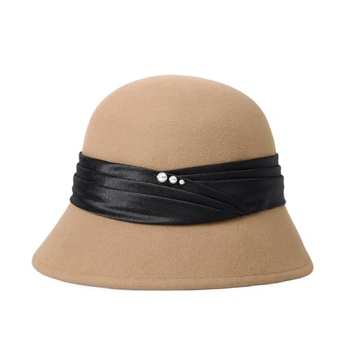 Women Cloche Felt Hat Winter Wool Bucket Hat Vintage Fedora Bowler Hat - color: 3-brown