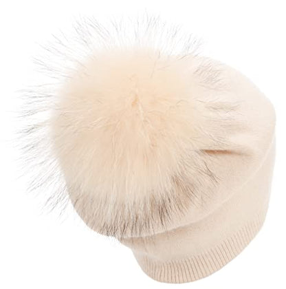 Women's Double Layer Winter Slouchy Knit Beanie Hat with Real Fur Pom Pom - color: Beige Pom