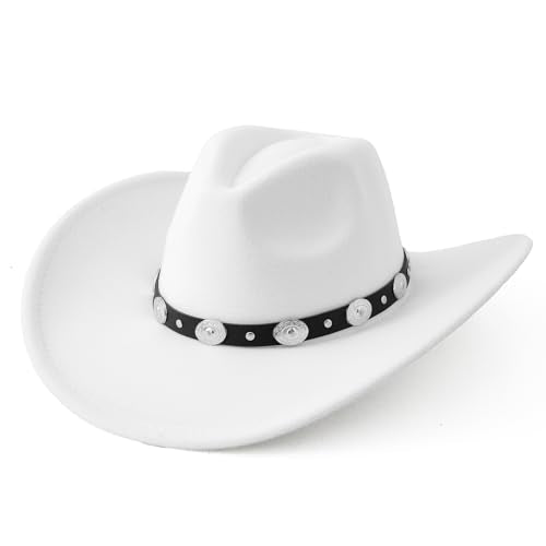 Lanzom Women Men Felt Wide Brim Western Cowboy Hats Belt Buckle Panama Hat - color: White, size: Medium-Large