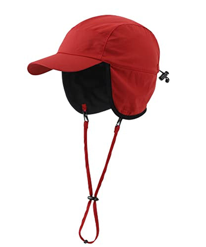Home Prefer Waterproof Men's Winter Hats with Visor Warm Fleece Lined Baseball Cap Earflaps Trooper Trapper Hat for Men - color: Red