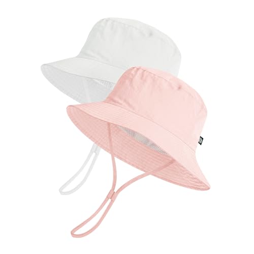 Toddler Bucket Hats UPF 50+ Baby Sun Hat Adjustable Kids Sun Protection Summer Hat Wide Brim Beach Hat for Boys Girls 0-6Y - color: Pink+white, size: 6-24 Months