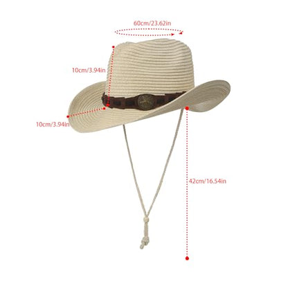 Unisex Straw Cowboy Hat Wide Brim Western Sun Hat Adjustable Beach Cowgirl Hat for Summer Outdoor Sun Protection - color: Beige,leather Hat Strap